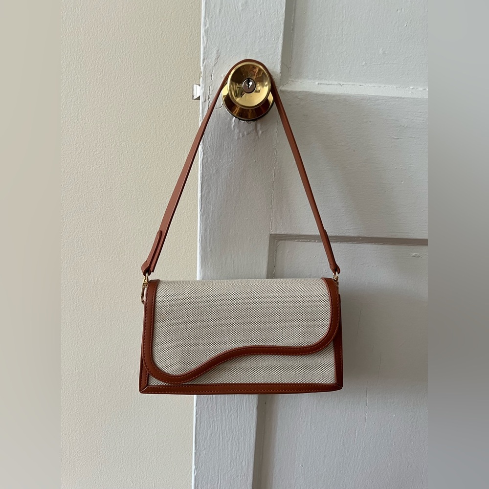 Brown vegan leather + linen convertible bag